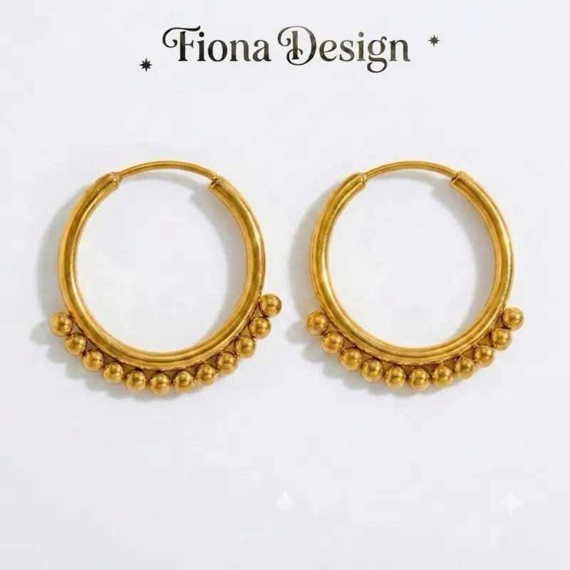 Women's Dainty Gold Beaded Hoop Earrings - Polished Finish, Hypoallergenic, Waterproof Costume Jewelry, Minimalist Female Beading Design, All-Season Casual Everyday/Birthday Party Wear