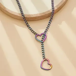 Ladies' jewelry heart-shaped O-shaped sliding chain necklace, ladies' fashionable punk rock Cuban long necklace, ladies' jewelry adjustable lasso Y-shaped ladies' necklace