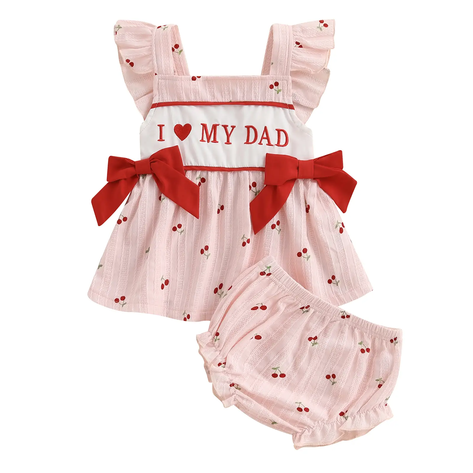 Infant Baby Girl Father's Day Outfits Flying Sleeve I Love My Dad Cherry Print Bow Tops Bloomers Shorts Summer Cute Clothes Set