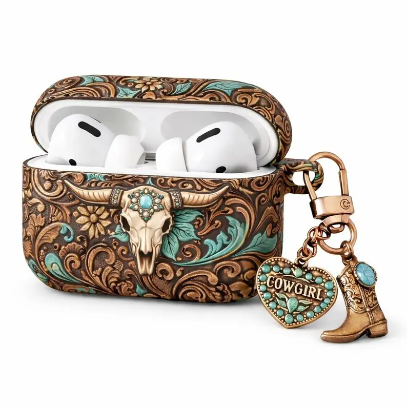 Long Horn Bull Skull Western Cowgirl Floral AirPods Case, Turquoise Tooled Leather Print Style Cover for AirPods Gen 1 2 3 4, Mexican Rustic