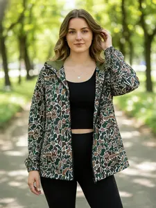 Women's Lightweight Camouflage Hooded Jacket Long Sleeve Casual Loose Fit Full Front Zip Side Pockets Durable Polyester Stand Collar Ideal for Spring Fall Outdoor Clothing Sporty Jacket Olive - Womenswear