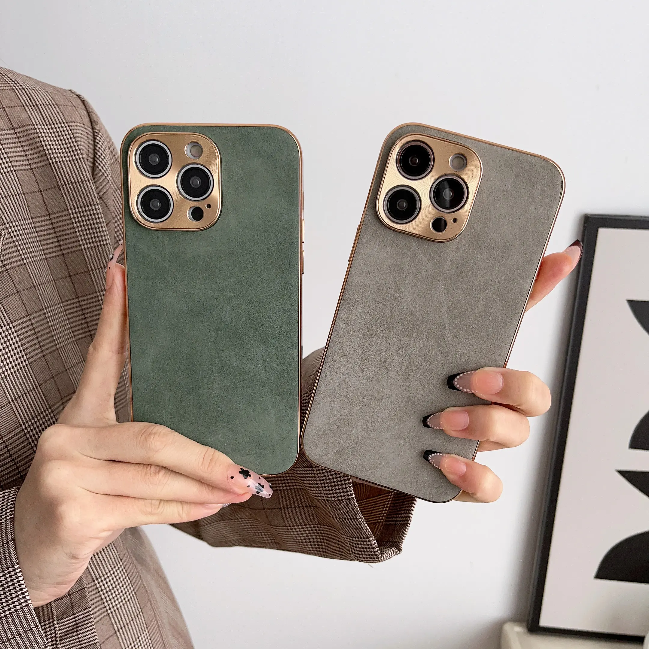 Green Lambskin Leather Phone Case for iPhone 13-17 ProMax Plus, Compact Thin Electroplated Frame, Anti-Drop Shockproof, Dustproof Scratch Resistant, Cute Cartoon Phone Decoration Accessory, Lightweight Hold, Precise Cutouts, Protective Casing, Accessories
