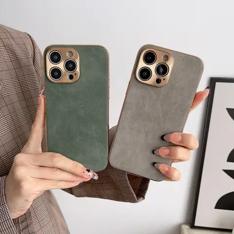 Green Lambskin Leather Protective Case for iPhone 13-18 Series Pro Max Plus, Compact Thin Electroplated Frame, Anti-Drop Shockproof, Dustproof, Scratch Resistant, Cute Cartoon Phone Decoration, Lightweight, Precise Cutouts