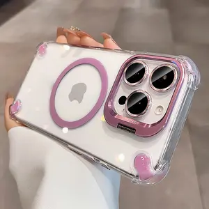 Anti-Shock Camera Metal Stand for iPhone 17/16 Pro Max/15/14+/13/12/11 Pro Max, Transparent Hard PC Protective Case, Shockproof, Magsafe Wireless Charging Compatible, Accessories