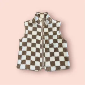 Khaki Checkered Sherpa Collared Jacket Vest vest jacket