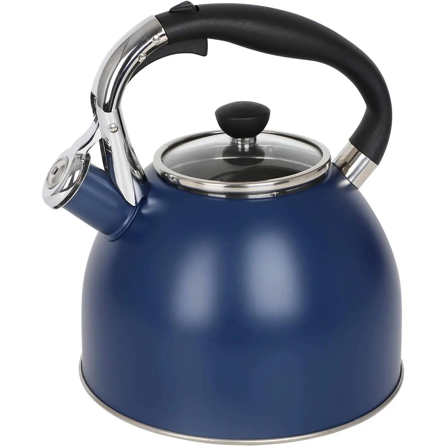 Stainless Steel Teapot: 2.6 Quart Whistling Kettle with Capsule Bottom and Heat-Resistant Glass Lid - Navy Blue