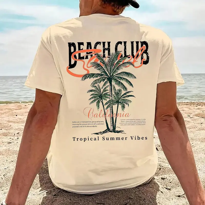 Men's Classic Casual Tropical Letter Palm Tree T-Shirt, Summer Round Neck Short Sleeve Comfortable Top for Outdoor Wear, Graphic Tees Apparel