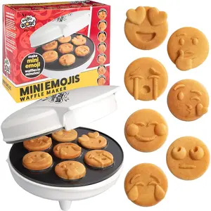 Mini emojis waffle maker for special breakfast make 7 unique smiley face waffles pancakes electric non stick iron feat kiss face heart eyes smile gift for her kids officially licensed by emoji