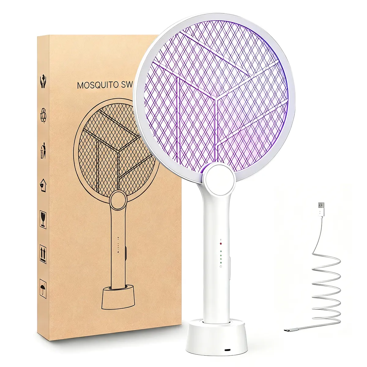 Electric Fly Swatter & Bug Zapper - 4000V 2-in-1 Mosquito Killer with Purple Trap Light, Rechargeable 1800mAh Battery, Type-C Charging, 3-Layer Safety Mesh, Lightweight, for Indoor/Outdoor, Home, Garden, Camping