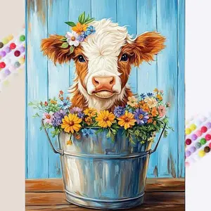 1 set of DIY diamond painting kit, 5D diamond art kit, DIY decoration cow, flower pot, wooden board mosaic, diamond art, DIY art home decor