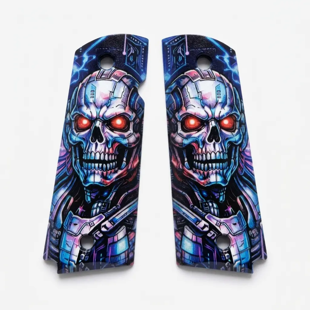 1911 Full Size Grips – Black ABS Custom Grip Set with Multi-Color Cyber Skull & Red Eyes Printed Artwork | Standard Frame Replacement Grip Panels