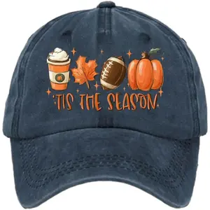 Seasonal Theme Unisex Baseball Cap - Autumn Pumpkin, Coffee and Football Pattern Striped Design, Casual Autumn Hat Suitable for Thanksgiving, Halloween and Sports Events (Hand Wash Only), Festive Headwear| Printed Baseball Cap