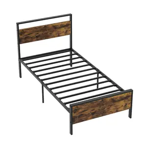 COSTWAY - Twin Metal Bed Frame Industrial Platform Bed with Wooden Headboard-Twin Size