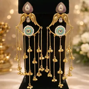 Gold Plated Kashmiri Style Earrings with Feather Detailing and Pearl Accents for Elegant Look
