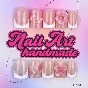 Delicatething Y2K Style Duckbill Nails, Handmade Press-On Nails, Nail Art Supplies, 4 Sizes XS-S-L, Gold Beads, Floral, French Design, Nail Designs, Perfect Gift for Women