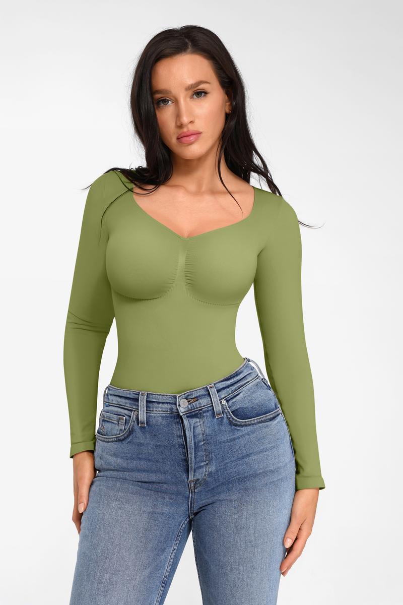 FeelinGirl Women's Seamless Shaping Long Sleeve Thong Comfortable Bodysuit for Tops and Underwear Lady Comfort Basic