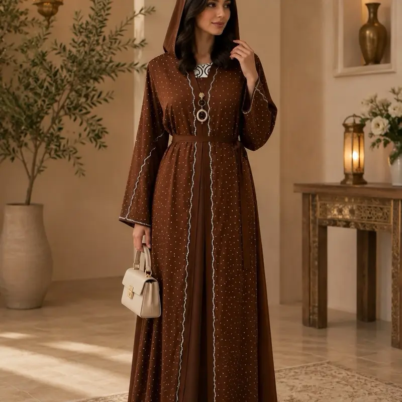 #7 Dubai Luxury Abaya Set, Long Sleeve V-Neck Modest Fashion Hijabi Clothing with Matching Hijab and Belt