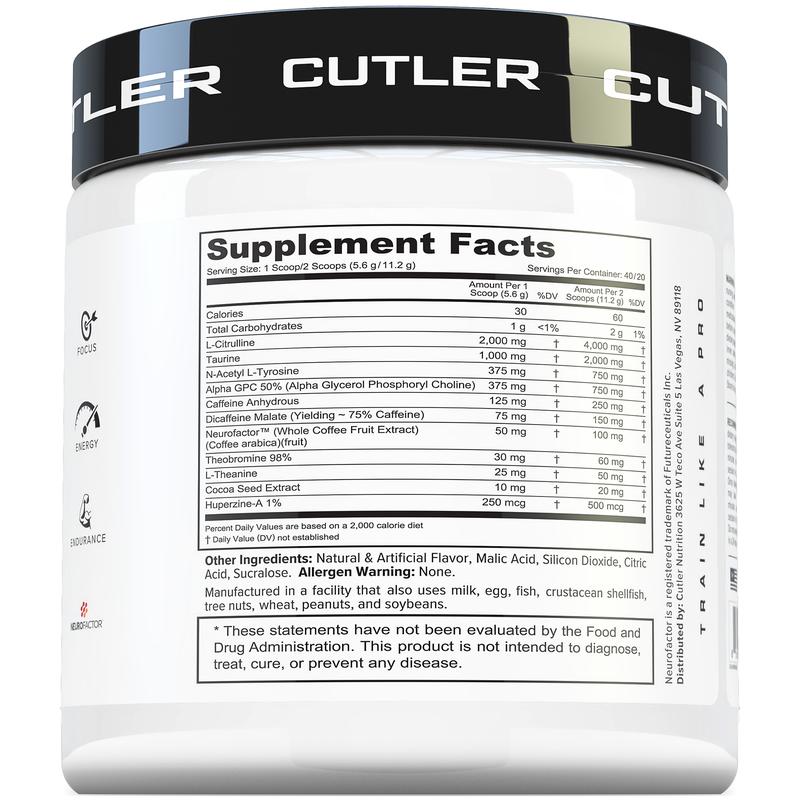 Focus Pre workout Primer Powder Supplement - PREVAIL containing L-Citrulline, Taurine, Alpha-GPC 50%, N-Acetyl L-Tyrosine, for energy levels and focus - Cutler Nutrition - 40 Servings