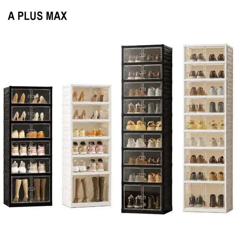 APLUSMAX 9-Layer Foldable Shoe Organizer Storage Box - Portable Extra-Large Folding Closet Shoe Rack with Magnetic Transparent Door and Wheels