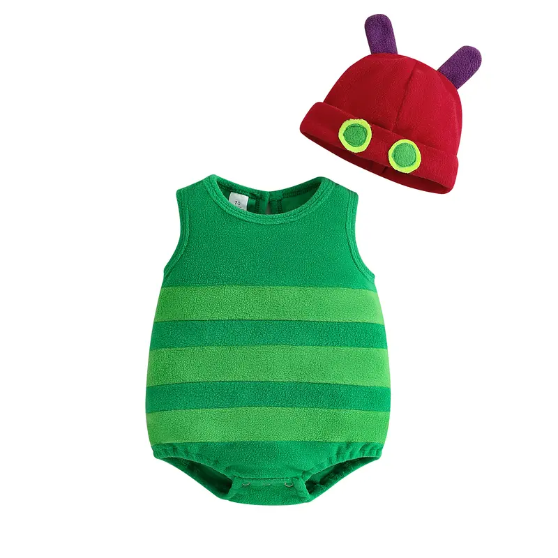 Toddler Newborn Baby Boy Girl Halloween Costume Caterpillar Costume Stripe Sleeveless Crewneck Romper + Hat 2Pcs Set My First Halloween Baby Boy Girl Outfit