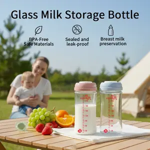 Glass breast milk storage bottle, reusable, wide-mouth, leak-proof, BPA-free, heat-resistant, suitable for refrigeration, multipurpose, can be used for breast milk, formula, and snacks, 8 oz/240 ml (blue/pink)