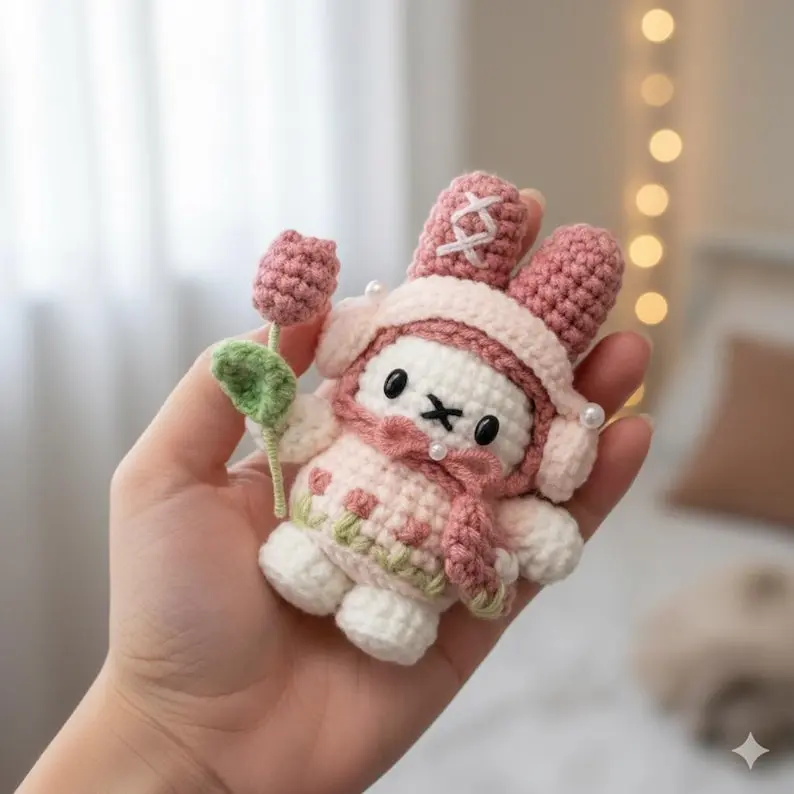 Bunny Tulip Miffy Handmade Crochet Lifestyle Keychain Bag With Charm, Gift For Her, Miffy Amigurumi, handmade Miffy Keychain crochet