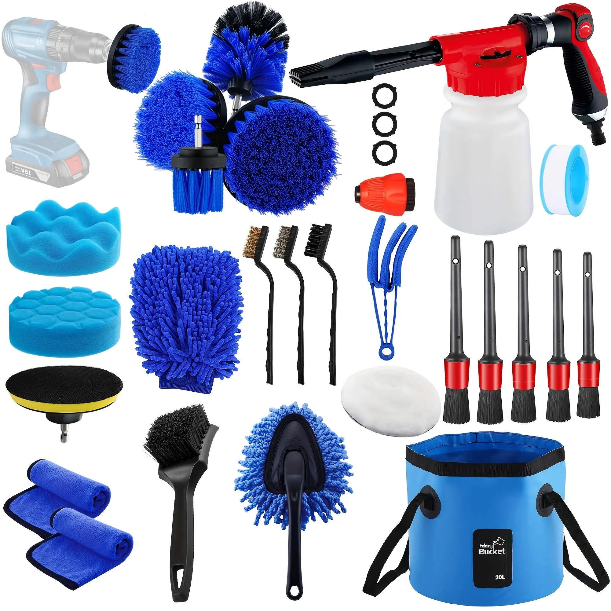 27Pcs Car Detailing Cleaning Kit with Foam Gun & Drill Brushes, Complete Auto Wash Tools for Interior Exterior Wheel Tire