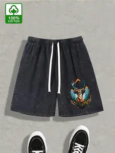 Men'S Summer Casual Shorts - Loose Fit, Mid-Rise, Vintage Street Style with Distressed Water-Washed Cotton & Drawstring Waist, Featuring Deer & Floral Print Design for Golf,, Easter, Music Festival, Mother's Day Gifts