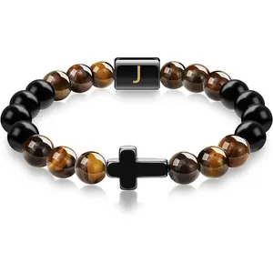 Natural Tiger Eye Stone Beaded Bracelet for Men Women, Unisex Cross Charm with 26 Alphabet Letter Beads Fashion Jewelry Gift for Couple