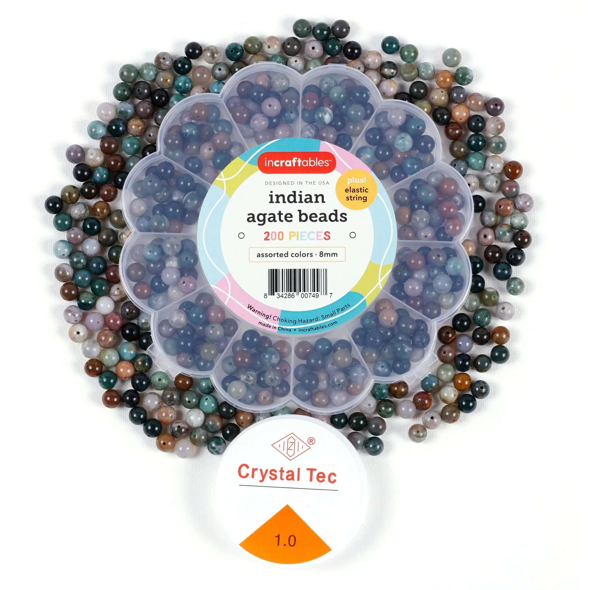 Incraftables Indian Agate Beads for Jewelry Making 8mm (200pcs). Best Natural Stone Beads for Jewelry Making. Assorted Gemstone Beads for Bracelet Making for Kids & Adults with Organizer & String