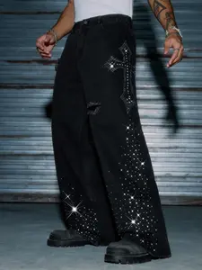 Men's Denim Jeans Loose High Street Straight Leg Pants, Casual Button Fly, No Stretch, All Seasons, Plain Pattern, Streetwear