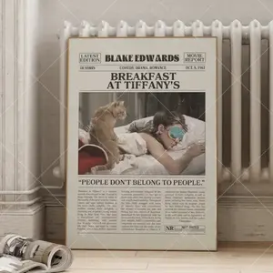 Breakfast at Tiffany’s Movie Poster, Audrey Hepburn Retro Newspaper Wall Art, Vintage Black White Print, Romantic Aesthetic Decor