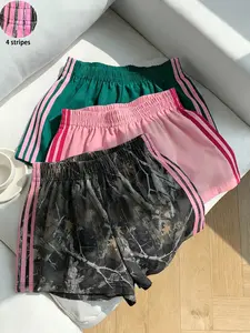 3 pieces, thin four bar quick drying breathable sports shorts for women's summer retro casual elastic waist wide leg shorts # 3 shorts, # PinkStripe shorts # Y2K fashion # sports shorts # elastic waist shorts # home pants