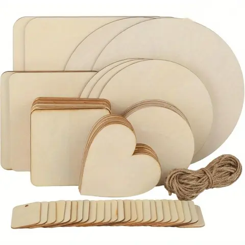 [Summervibes] 65 Pcs Untreated Wooden Board for Crafts,Round Square Heart-Shaped Wooden Discs Blanks Pyrography Painting Writing Staining Wooden Plate Set for DIY Crafts,Party Decor,Christmas Gifts,Hand Tools Kits