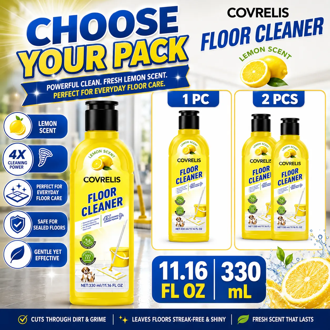 COVRELIS Lemon Floor Cleaner, Deep Clean Floor Cleaner, Magic Streak-Free Floor Cleaner | Fast-Drying Deep Cleaning Solution for Hardwood, Tile, Laminate, and Vinyl Floors, Pet-Friendly & Fresh Scent, floor cleaner for mopping、pet urine floor cleaner、non-