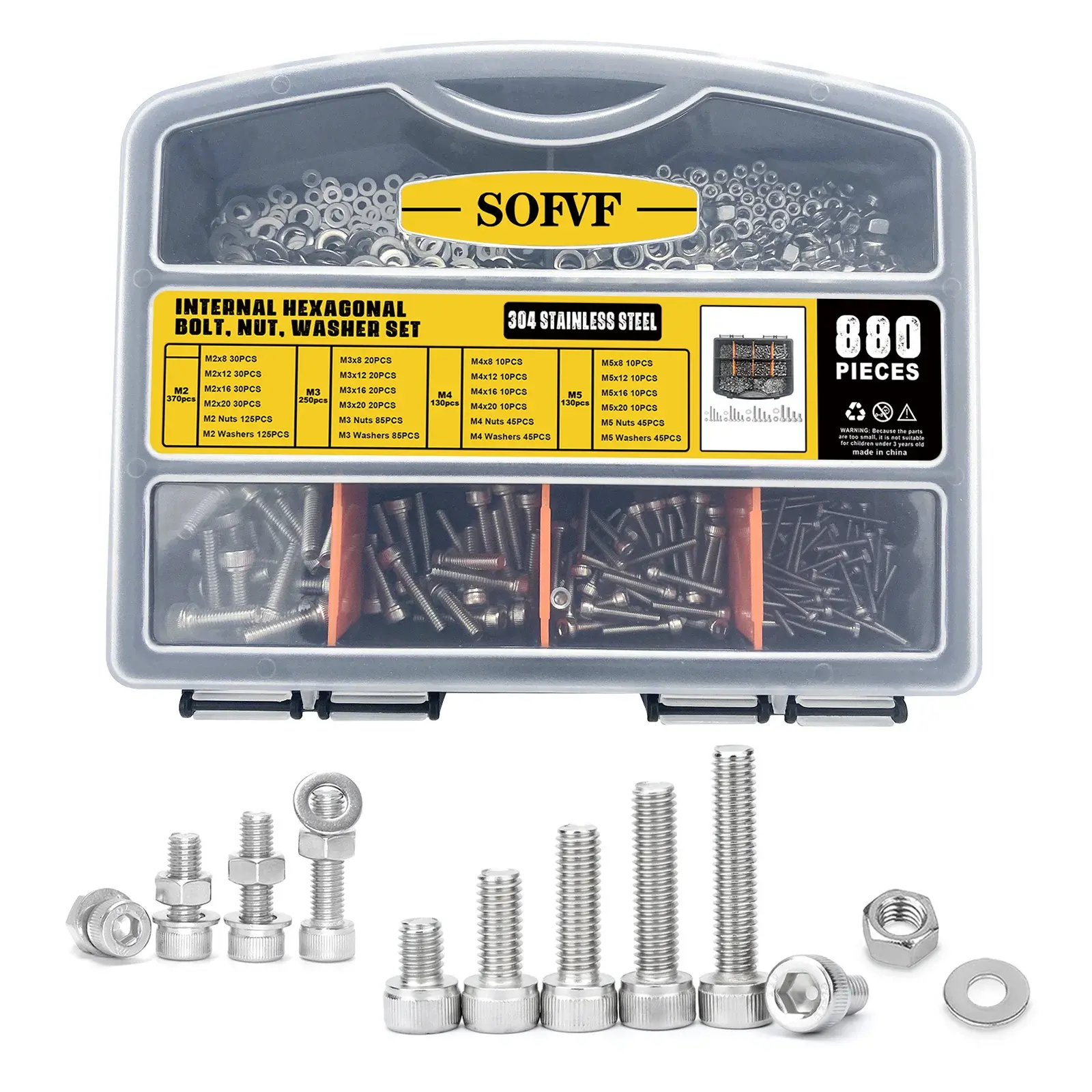 880Pcs M2-M5 304 Stainless Steel Internal Hex Socket Bolt Nut Washer Assortment Kit - Hex Wrench Fit, for Furniture Fixing, Wood Metal Concrete Repair & Fastening Projects, M2-M5 Sizes