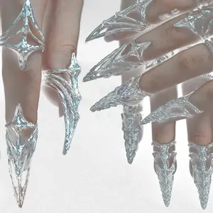 Punk Metal Nail Cover Bone Ring Gothic Rock Machinery Manicure Fingertip Ring Multilayer Finger Rings Cosplay Jewelry Set Gift