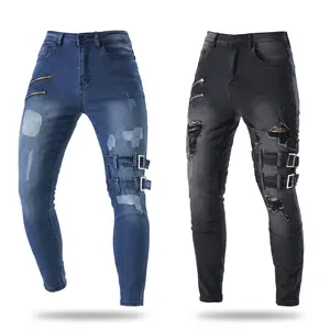Men's Trendy Trend Biker Style Skinny Jeans Personalized New Motorcycle Style Skinny Stretch Denim Jeans Zipper Buckle Strap Distressed Washed Stretch Comfortable Durable Breathable For Street Style Hip Hop High Street Daily Wear tiktokshopspringglowup