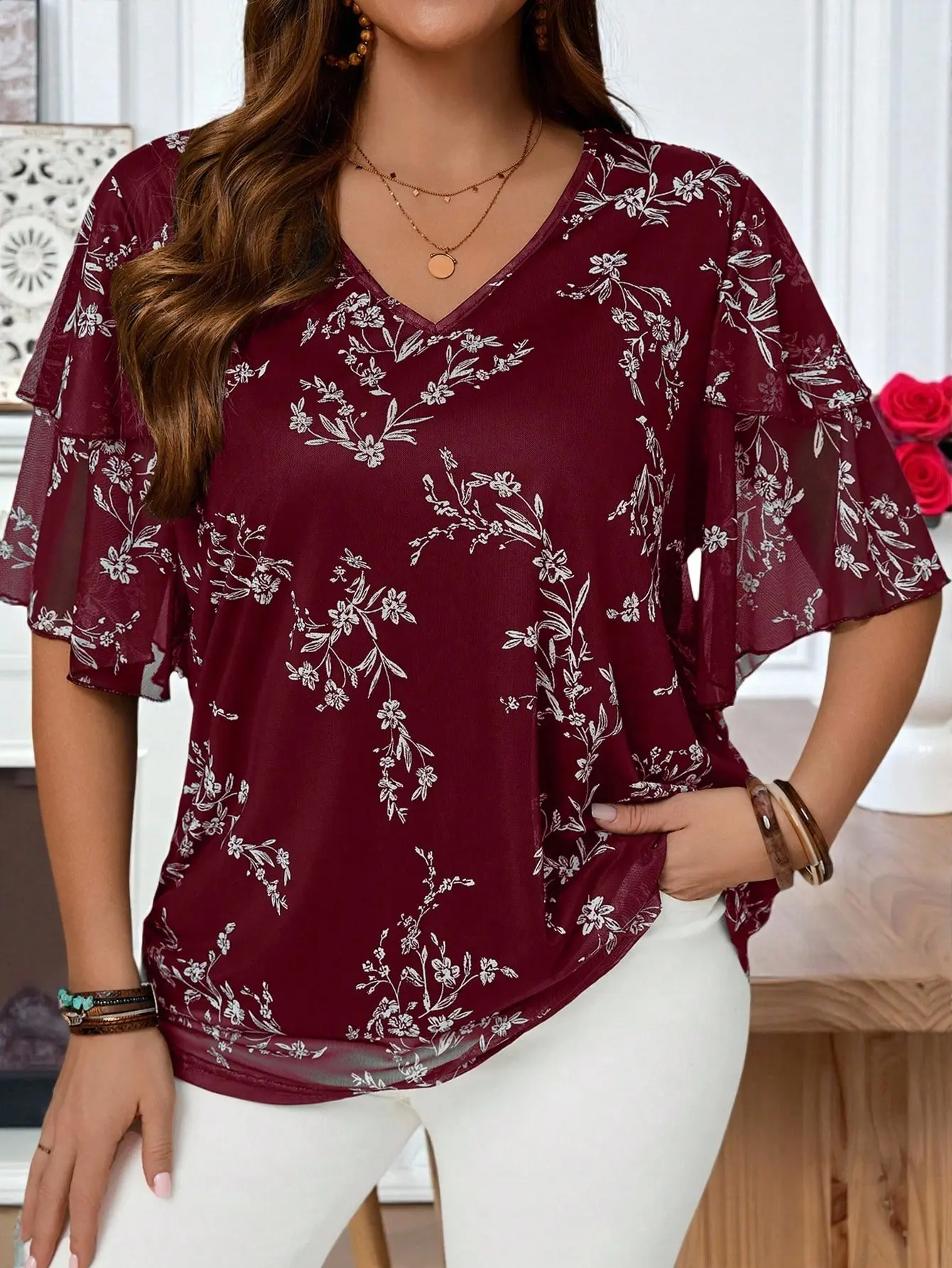Tiny Plus Size Women Burgundy V Neck Short Sleeve Floral Print Ruffle Sleeve Loose Fit Tunic Top Blouse Elegant Bohemian Vacation Style
