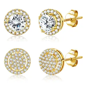 2 Pairs 14K Gold Plated Stud Earrings for Men Women, Hypoallergenic 925 Sterling Silver Post, Cubic Zirconia Earrings Studs Brilliant Simulated Diamond Halo Earring for Sensitive Ears