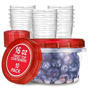 16oz Plastic Containers with Red Twist Top Lids (10 Pack) – 2-Cup Freezer Containers for Leftovers, Airtight Reusable Soup Storage, Microwave & Dishwasher Safe