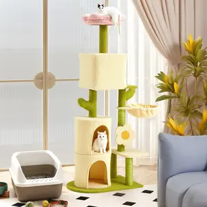 55'' Multi-Level Cat Tree Tower in Flower Design, Cute Cat Tree For Indoor Small & Medium Cats, Indoor Cat Tower with Cat Scratching Post, Cat Condo, Cat Bed, Stylish Cat Furniture, Green