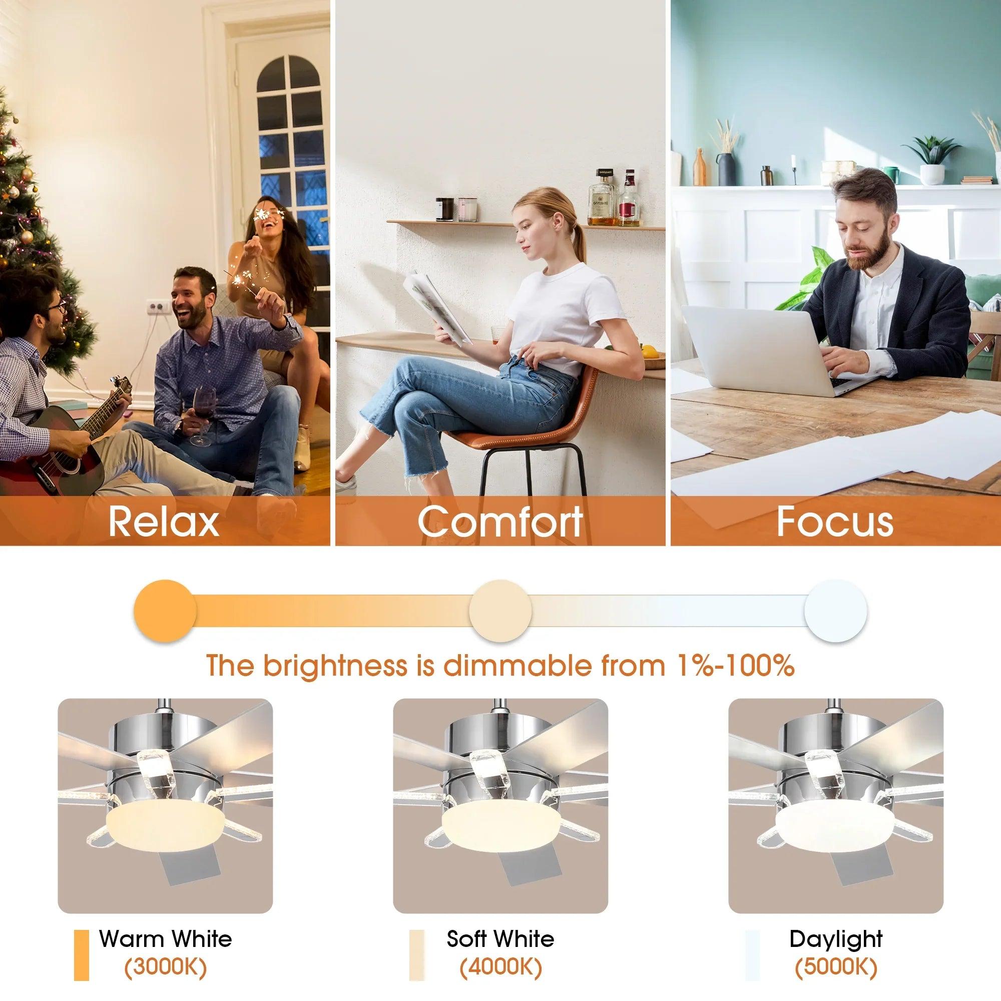 52" Modern Ceiling Fan Double-sided Blades with Main & Side LED Light Downrod Mount