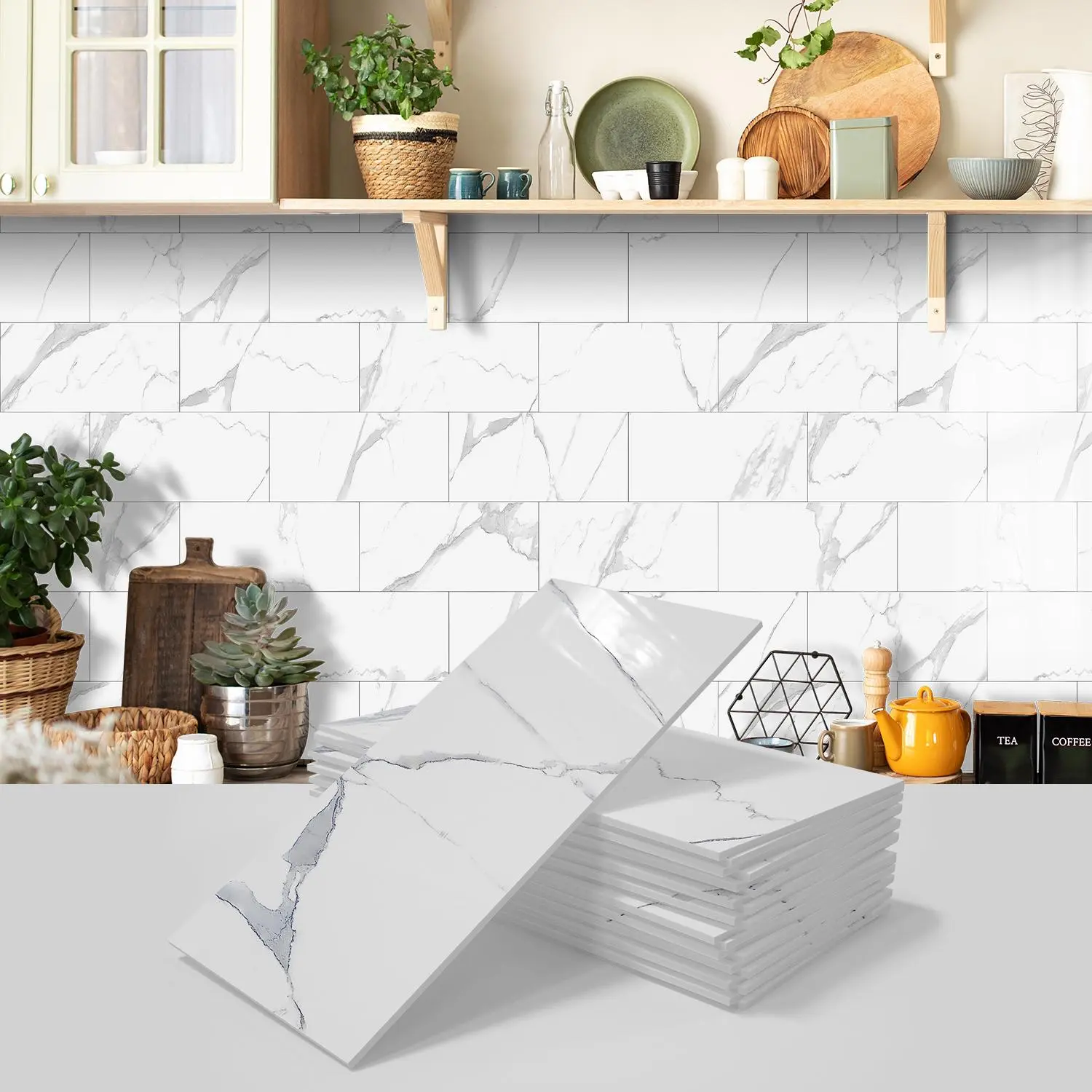 White Marble Pattern Wallpaper, Backsplash PVC Self-adhesive Wall Tile Sticker, Marble Tile Stickers, Tiles Sticker, Wall Decal, Marble Decorative Decal for Kitchen, Bathroom, Laundry Room, Camper, Fireplace Decor, Kitchen Bathroom Decoration, Home Decor