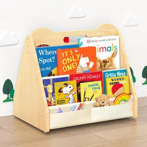 Solid Pine Wood Kids Bookshelf Double-Sided Portable Montessori Bookcase Childrens Book Storage Display for Nursery Kids Rooms Bedroom Classroom