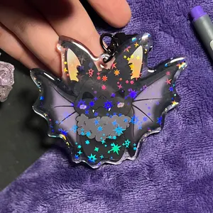 Candy Corn Bat Holographic Acrylic Keychain (3in)| Frickin Bats I Love Halloween, Cute Bat Halloween Charm, Spooky Season, Kawaii Bat Charms keyrings and automotive key