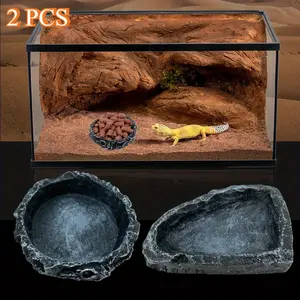 2PCS Reptile Water Dish Food Dish, Durable Feeder Bowls for Lizard, Frog Chameleon, Reptile Water Bowl, Terrarium Accessories, Rocklike Design, Smooth Finish, Pet Feeding Dish