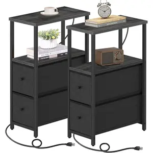 TUTOTAK Small Narrow End Table with Charging Station, Set of 2, Side Table with Outlets, Nightstand with 2 Cloth Drawers, Couch Table, for Living Room, Bedroom, Bedside, Charcoal Grey TB01BY055