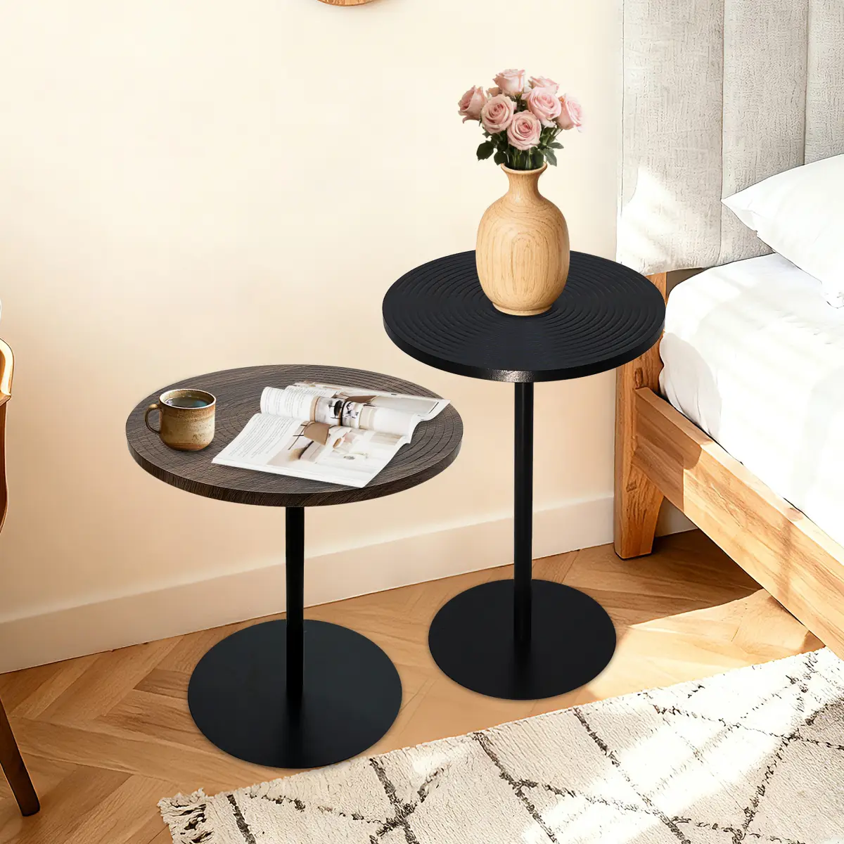 2-Piece Concentric-Circle Round Nesting Bedside Table Set, Modern Minimalist MDF Metal-Frame Stackable Accent Tables with 50-LB Capacity for Living Room, Small Spaces