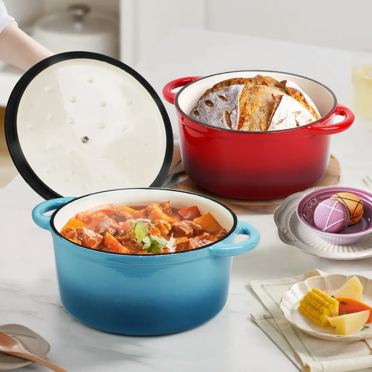 2-Qt Small Enameled Cast Iron Dutch Oven Pot with Lid - Home Kitchen Cookware, Enamel Coating, Heat Resistant, Non-Stick, Dual Handles, Oven Safe to 500°F, Multi-Use for Bread Baking, Red/Blue